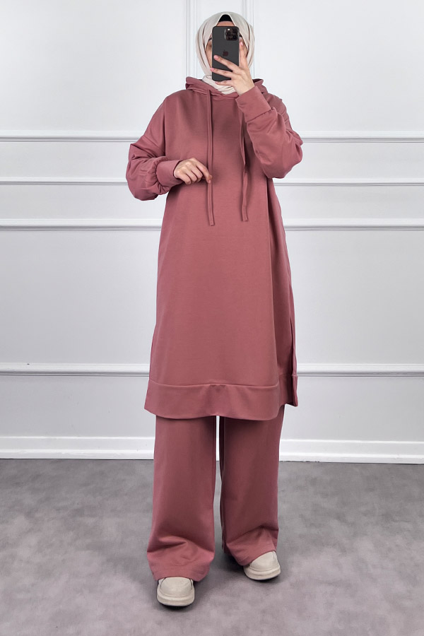 Kapşonlu Salaş Takım - Pudra