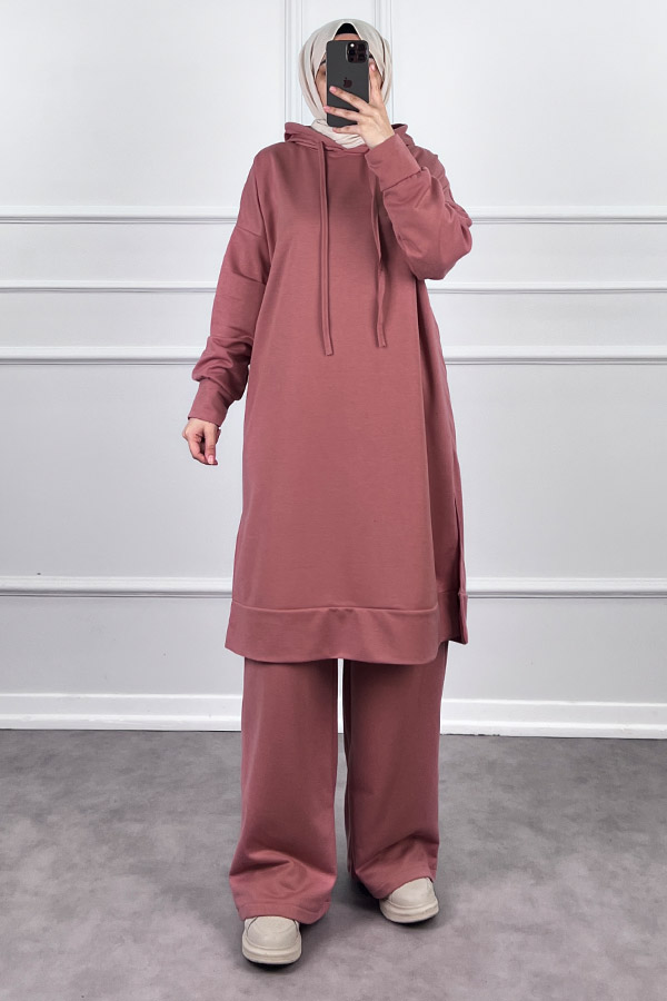 Kapşonlu Salaş Takım - Pudra