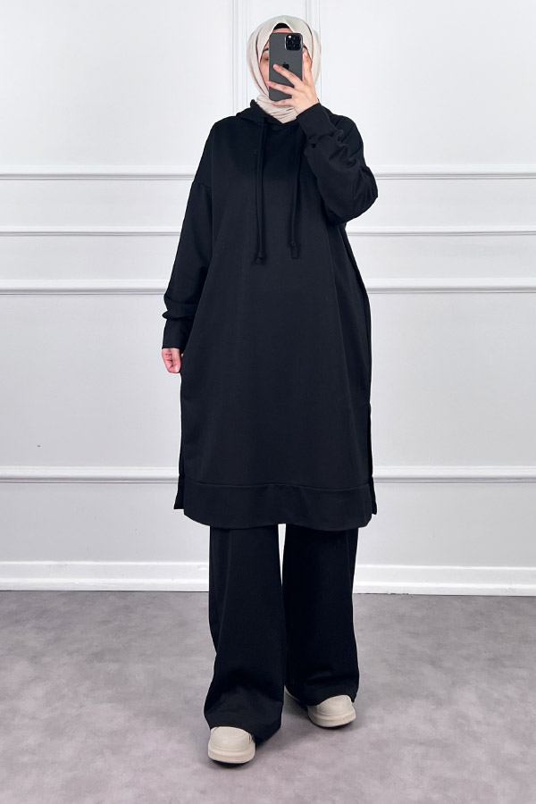 Kapşonlu Salaş Takım - Siyah