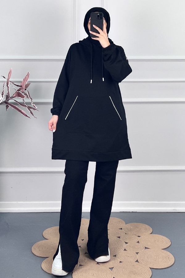 Kapşonlu Sweatshirt - Siyah