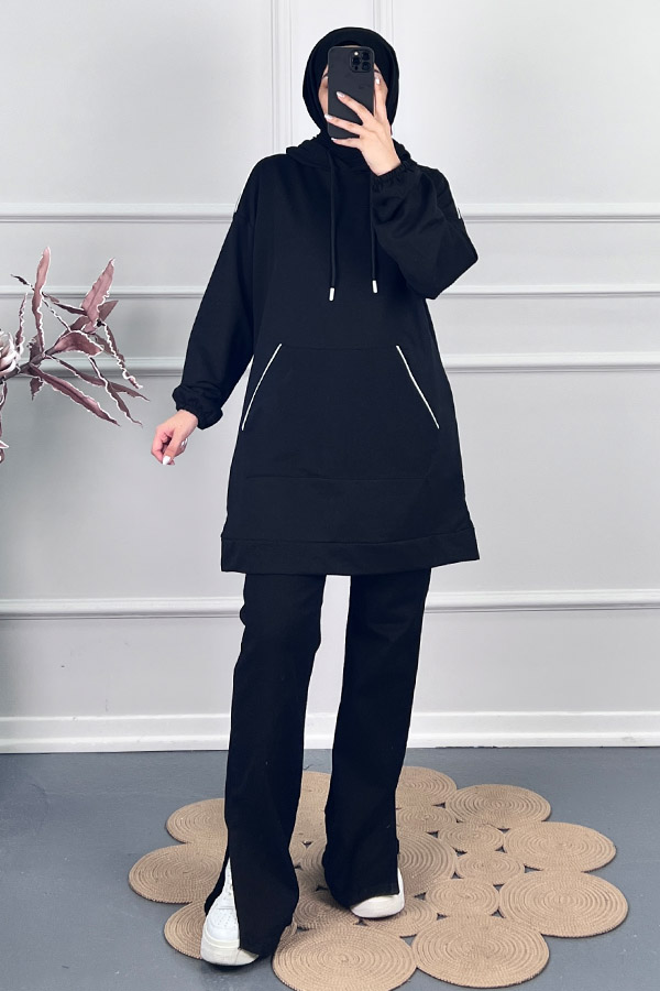 Kapşonlu Sweatshirt - Siyah