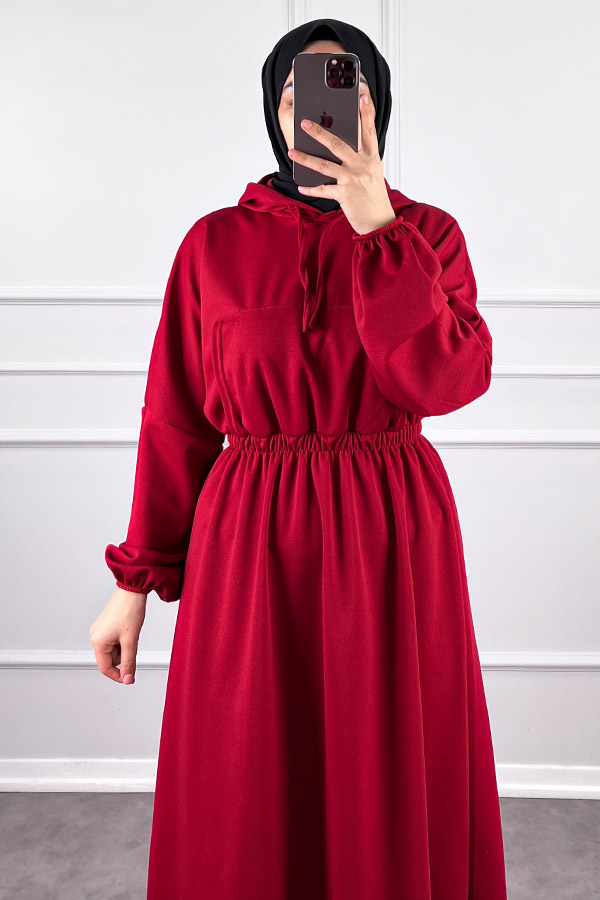 Kapşonlu Elbise - Kırmızı