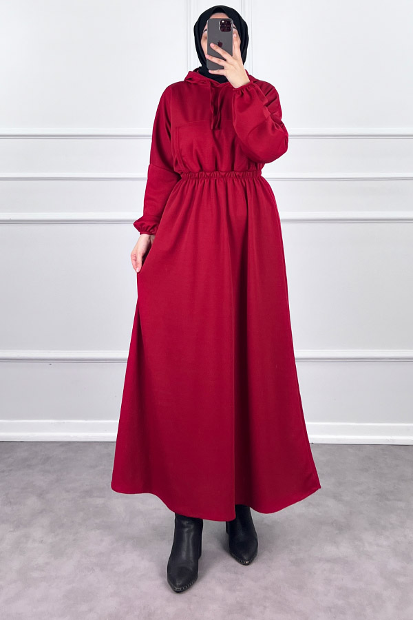 Kapşonlu Elbise - Kırmızı
