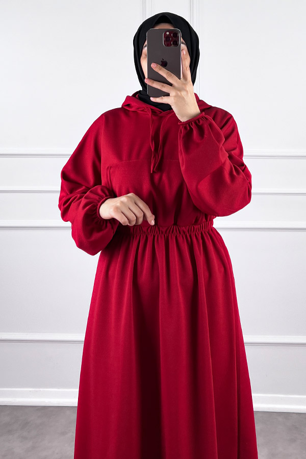 Kapşonlu Elbise - Kırmızı