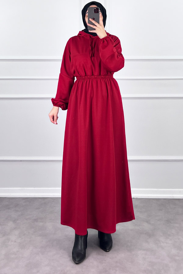 Kapşonlu Elbise - Kırmızı