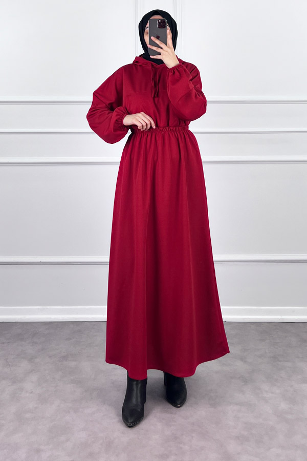 Kapşonlu Elbise - Kırmızı