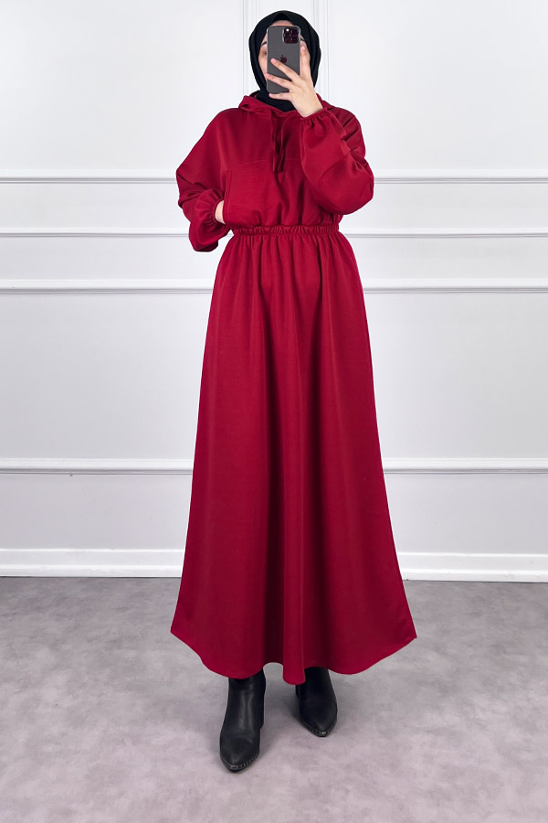 Kapşonlu Elbise - Kırmızı