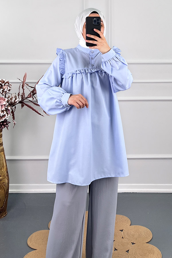 Kare Yaka Fırfırlı Tunik - Bebe Mavi