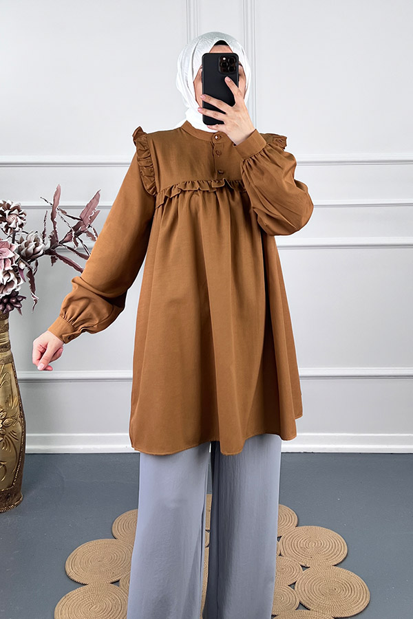 Kare Yaka Fırfırlı Tunik - Camel