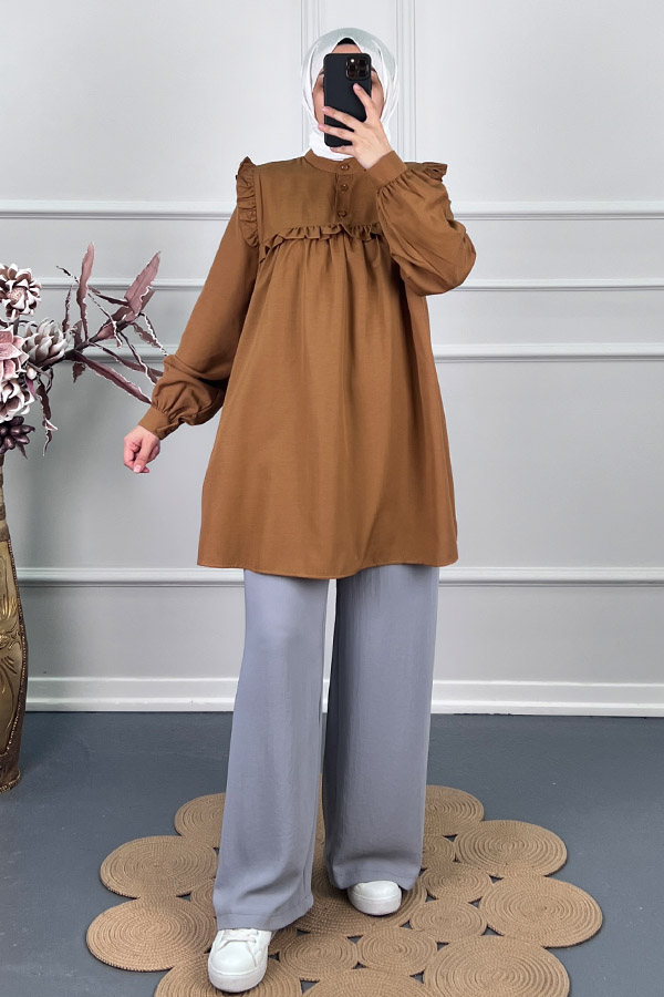 Kare Yaka Fırfırlı Tunik - Camel