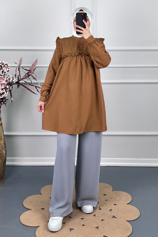 Kare Yaka Fırfırlı Tunik - Camel