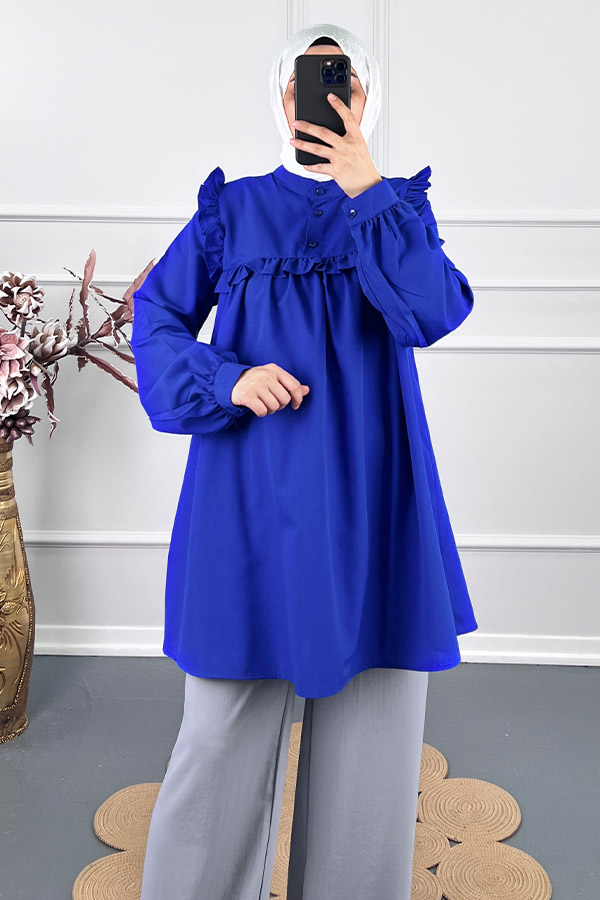 Kare Yaka Fırfırlı Tunik - Mavi