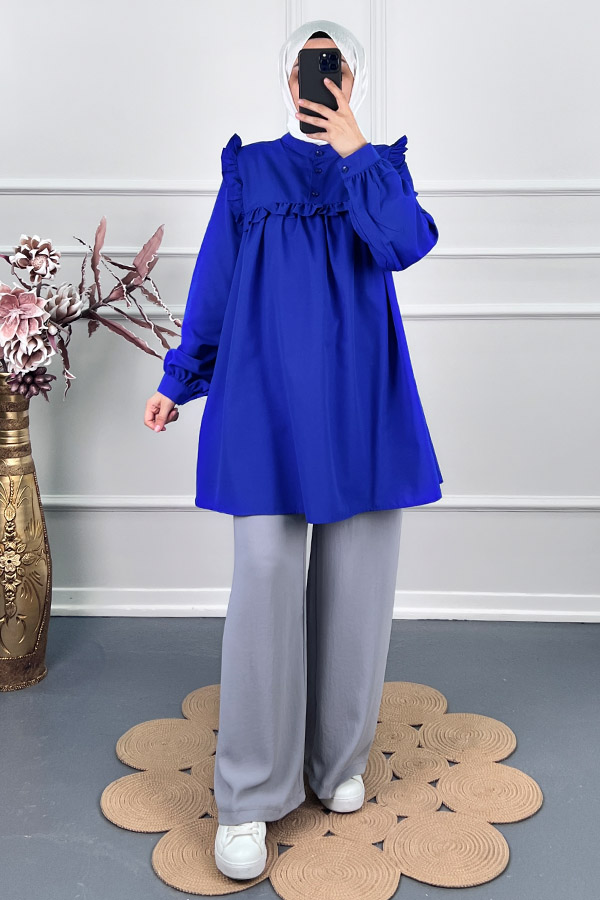 Kare Yaka Fırfırlı Tunik - Mavi