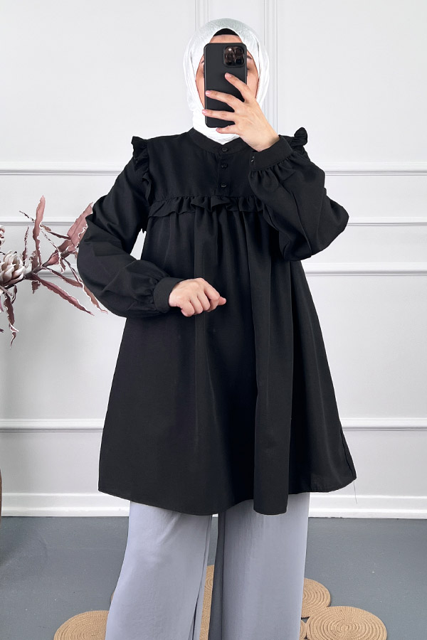 Kare Yaka Fırfırlı Tunik - Siyah Kare Yaka Fırfırlı Tunik - Siyah