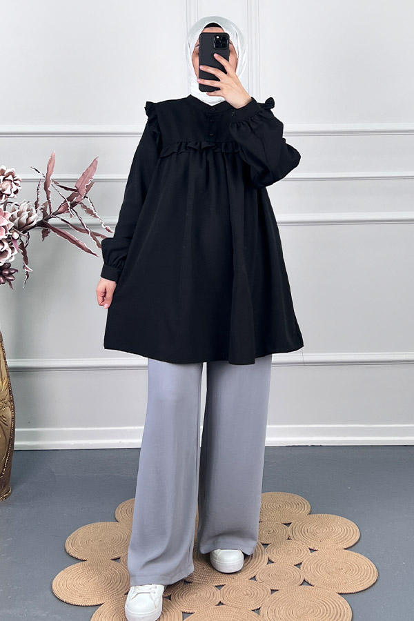 Kare Yaka Fırfırlı Tunik - Siyah Kare Yaka Fırfırlı Tunik - Siyah