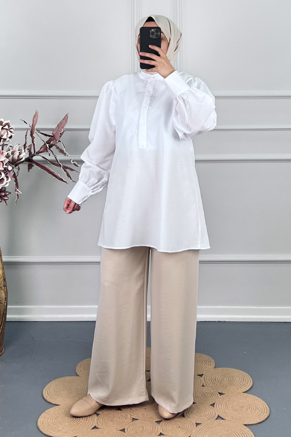 Karpuz Kol Yarım Düğmeli Gömlek Tunik - Beyaz
