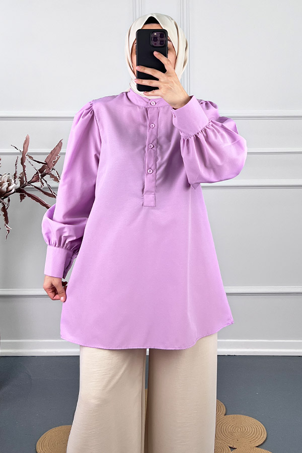 Karpuz Kol Yarım Düğmeli Gömlek Tunik - Lila