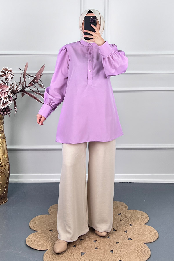 Karpuz Kol Yarım Düğmeli Gömlek Tunik - Lila