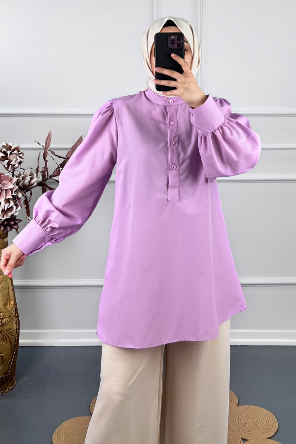 Karpuz Kol Yarım Düğmeli Gömlek Tunik - Lila
