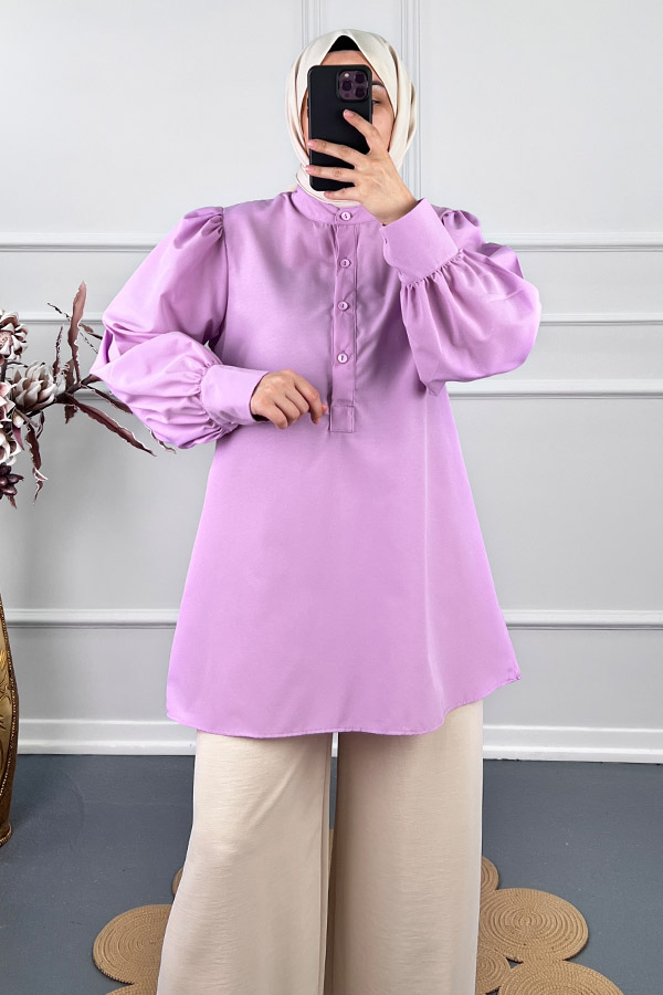 Karpuz Kol Yarım Düğmeli Gömlek Tunik - Lila