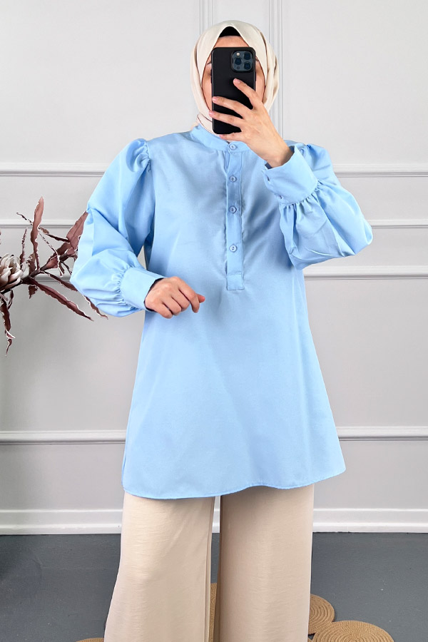 Karpuz Kol Yarım Düğmeli Gömlek Tunik - Mavi