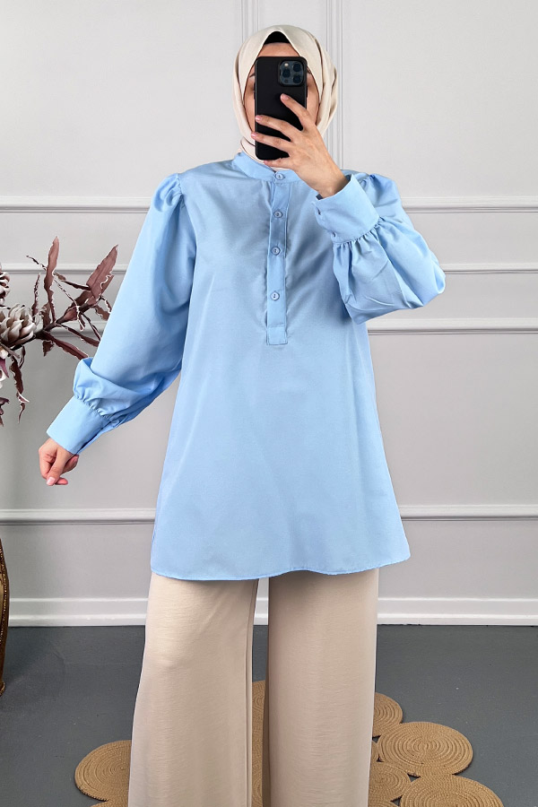 Karpuz Kol Yarım Düğmeli Gömlek Tunik - Mavi
