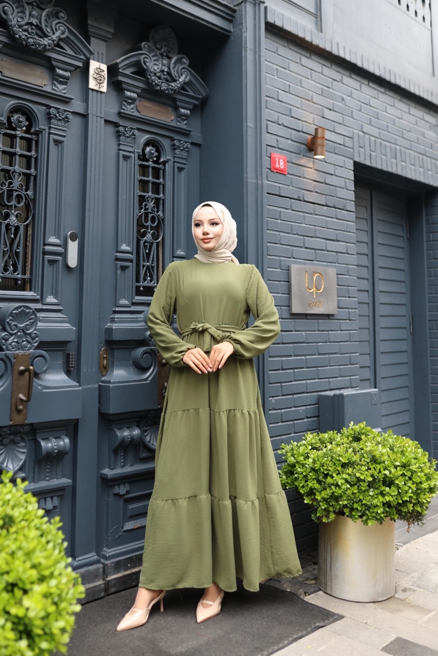 Kat Kat Ayrobin Tesettür Elbise - Haki