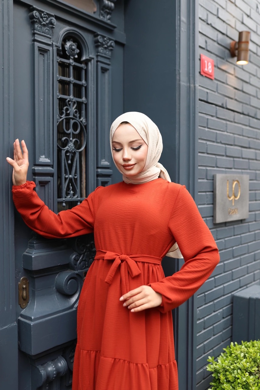 Kat Kat Ayrobin Tesettür Elbise - Kiremit