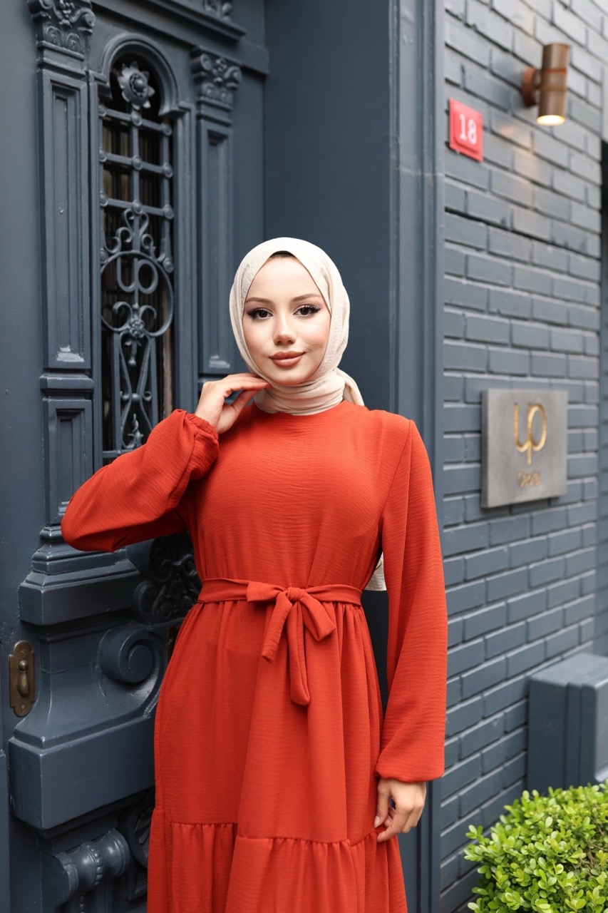 Kat Kat Ayrobin Tesettür Elbise - Kiremit