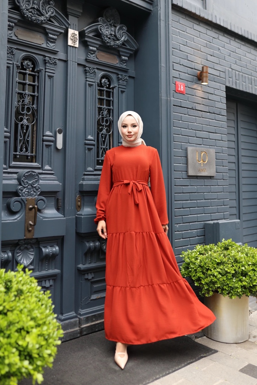 Kat Kat Ayrobin Tesettür Elbise - Kiremit