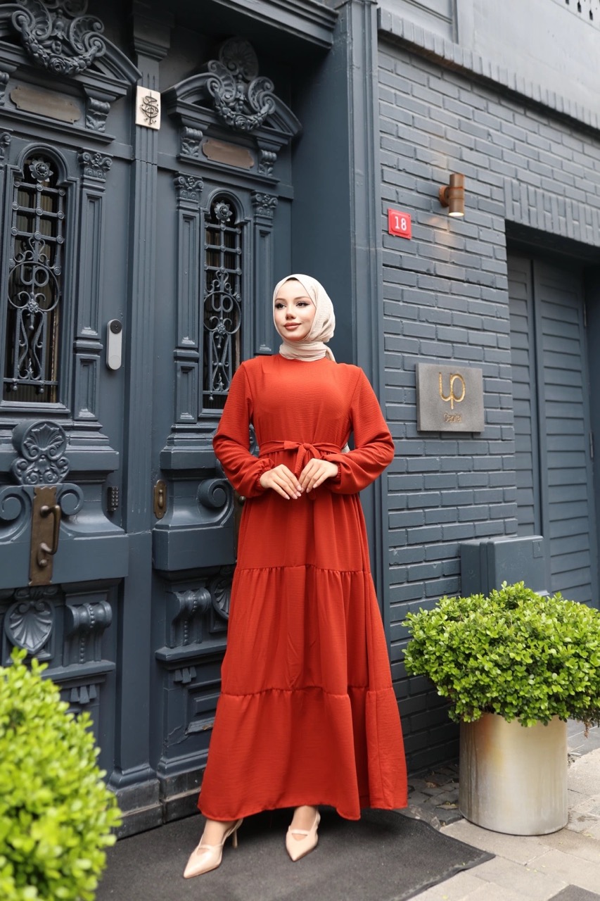 Kat Kat Ayrobin Tesettür Elbise - Kiremit