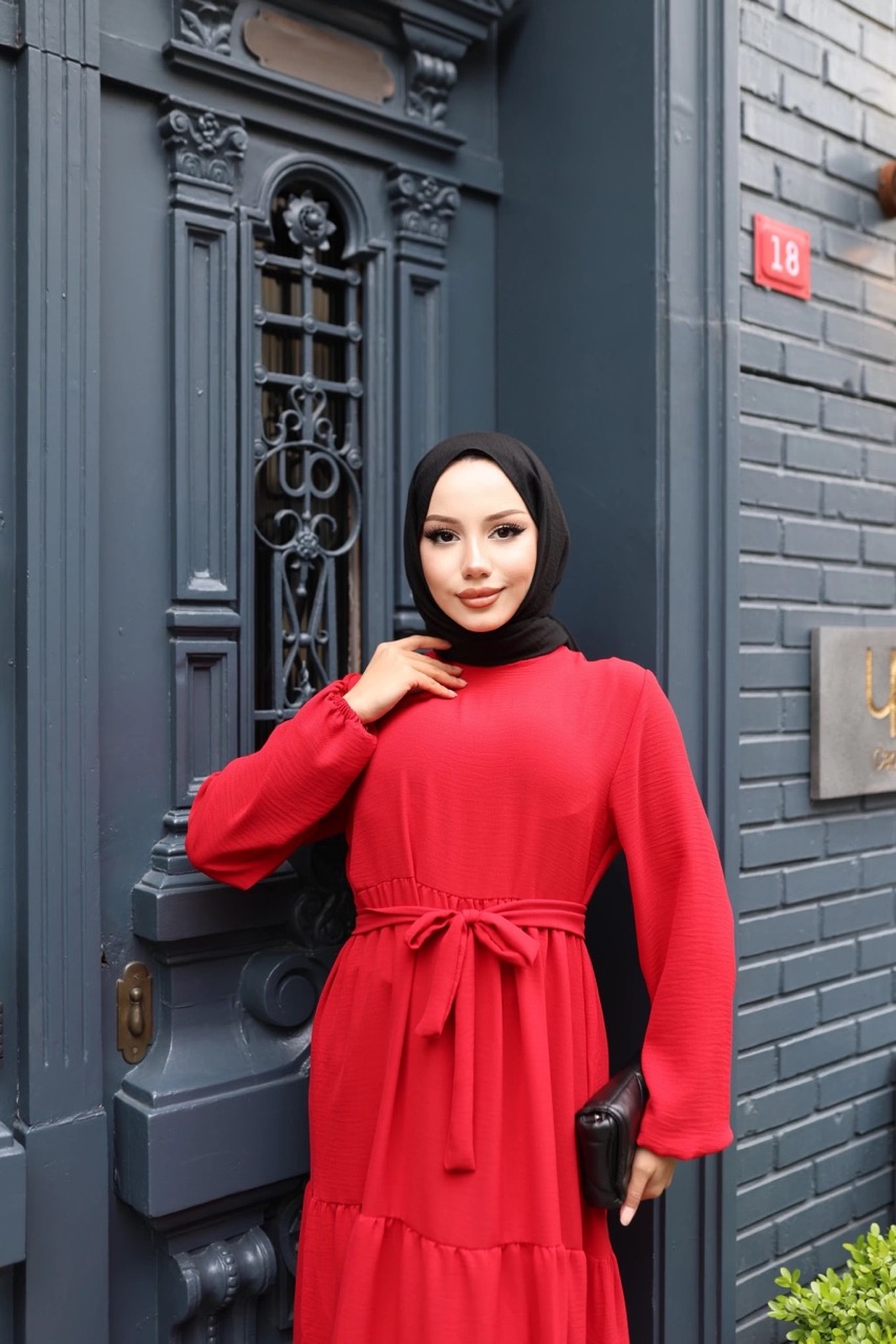 Kat Kat Ayrobin Tesettür Elbise - Kırmızı