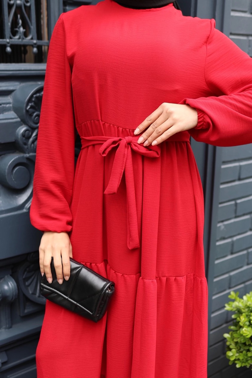 Kat Kat Ayrobin Tesettür Elbise - Kırmızı