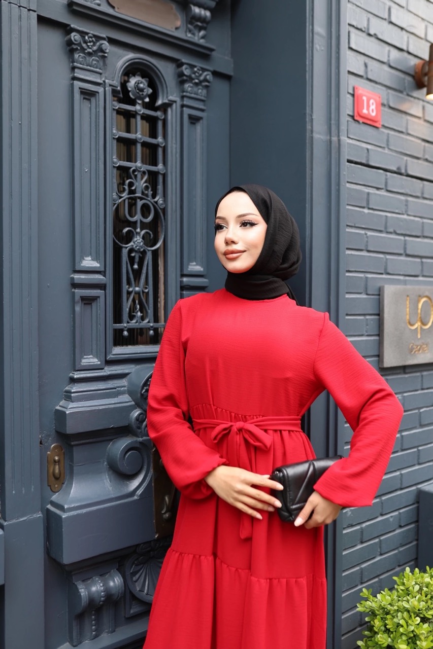 Kat Kat Ayrobin Tesettür Elbise - Kırmızı