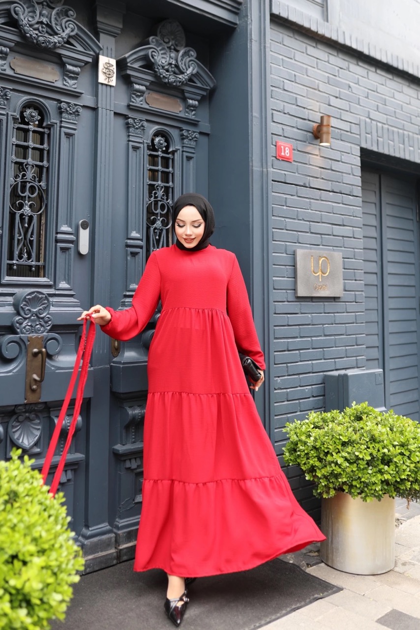 Kat Kat Ayrobin Tesettür Elbise - Kırmızı