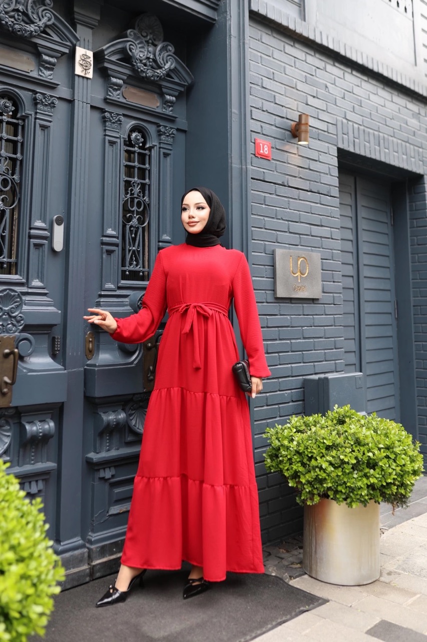 Kat Kat Ayrobin Tesettür Elbise - Kırmızı