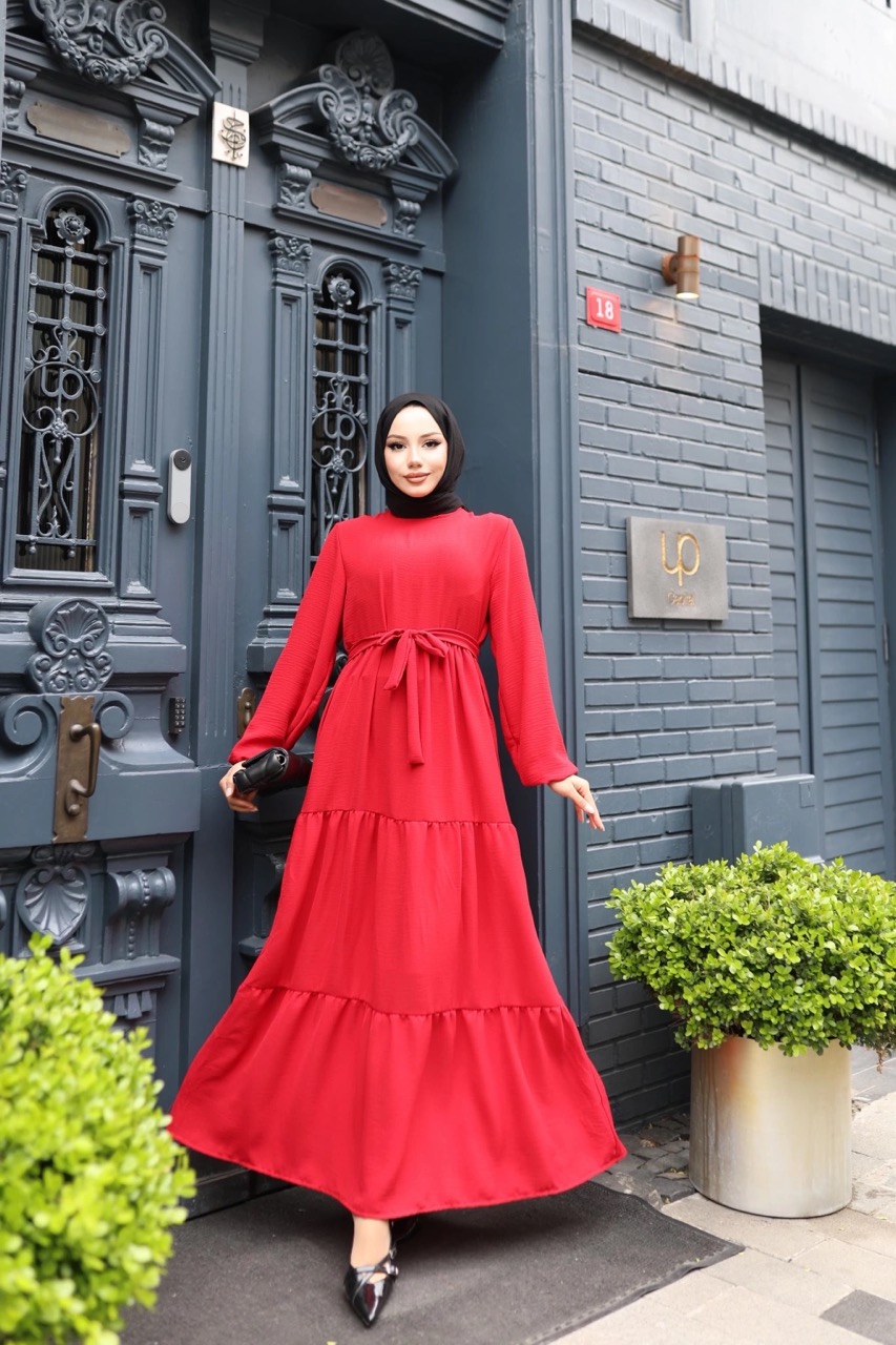 Kat Kat Ayrobin Tesettür Elbise - Kırmızı
