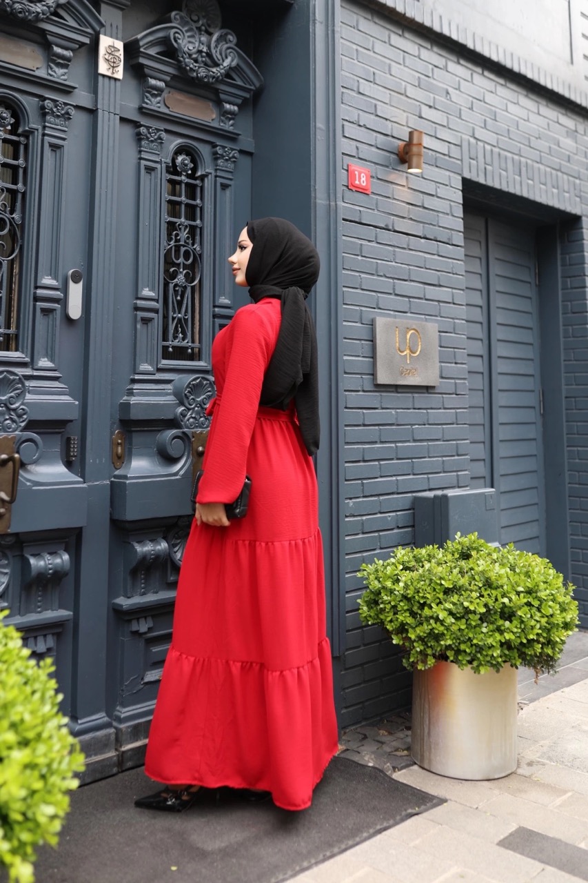 Kat Kat Ayrobin Tesettür Elbise - Kırmızı