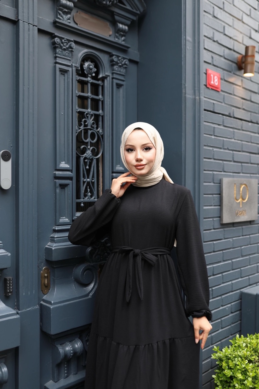 Kat Kat Ayrobin Tesettür Elbise - Siyah