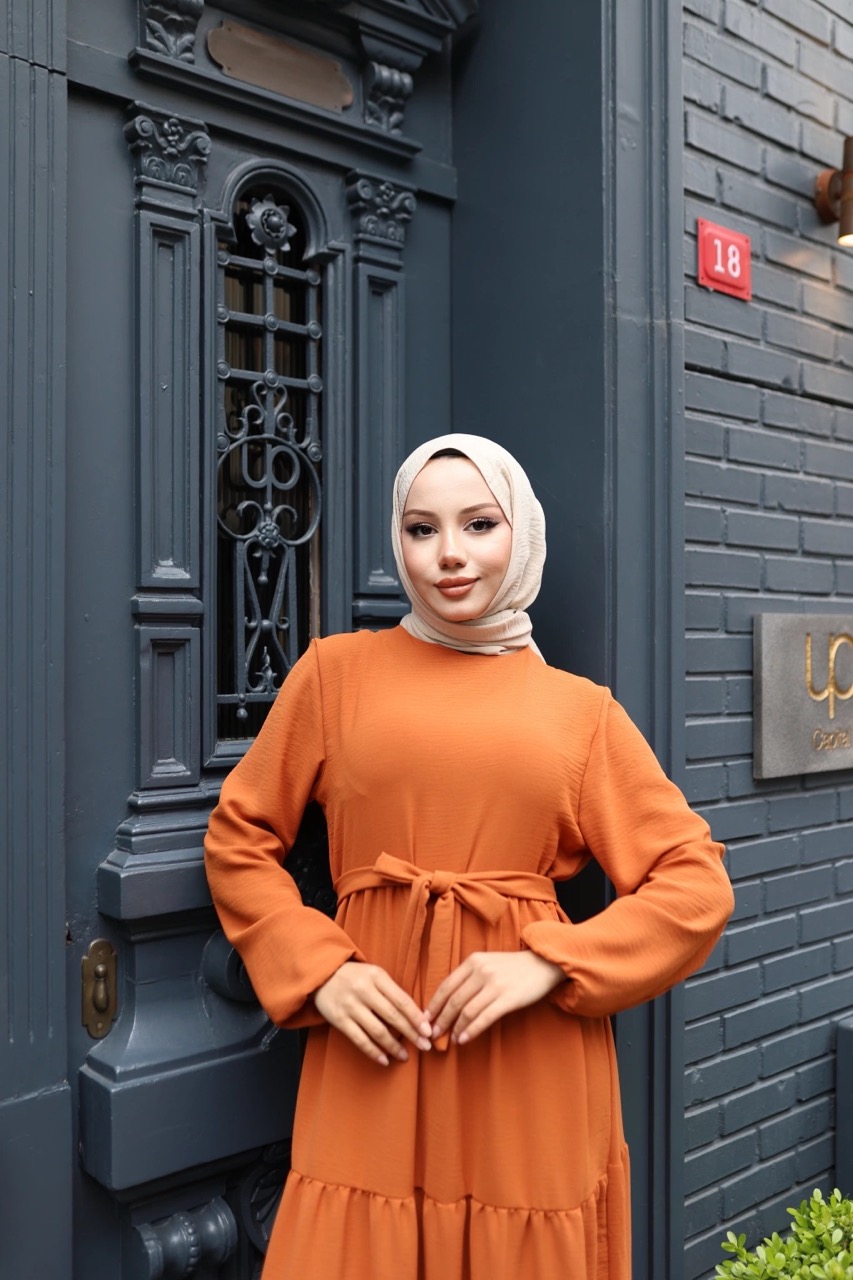 Kat Kat Ayrobin Tesettür Elbise - Turuncu