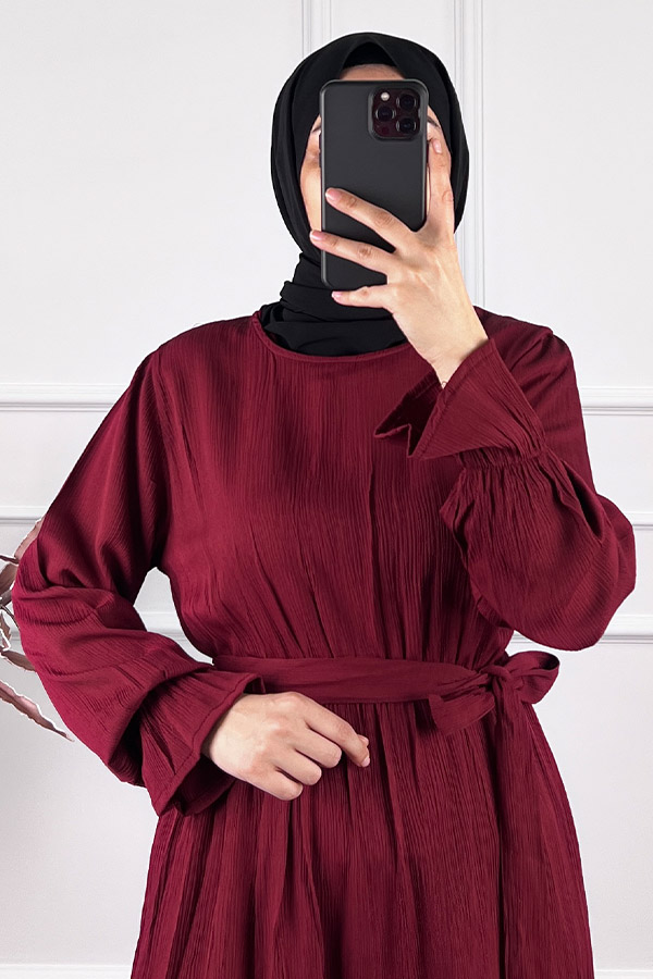 Katkat Kuşaklı Elbise - Bordo