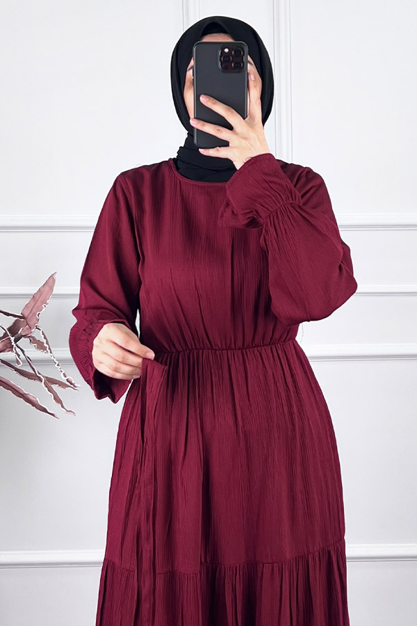 Katkat Kuşaklı Elbise - Bordo