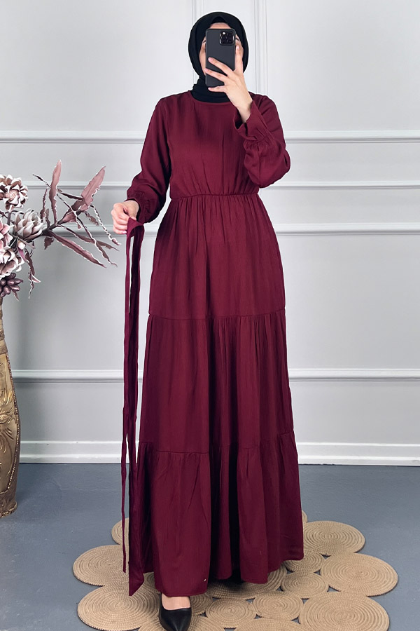 Katkat Kuşaklı Elbise - Bordo