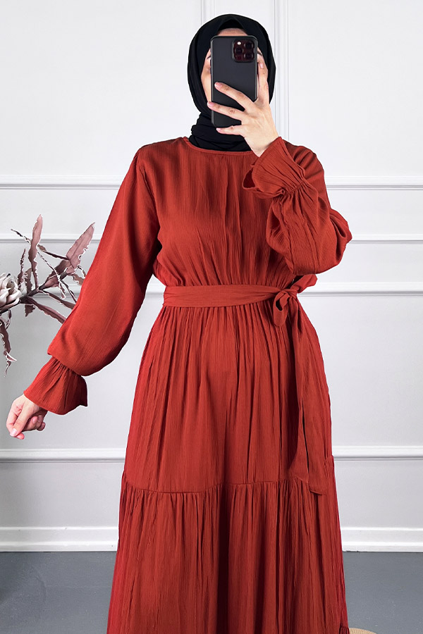 Katkat Kuşaklı Elbise - Turuncu