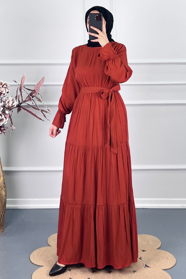 Katkat Kuşaklı Elbise - Turuncu