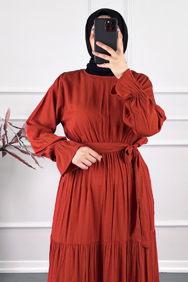 Katkat Kuşaklı Elbise - Turuncu