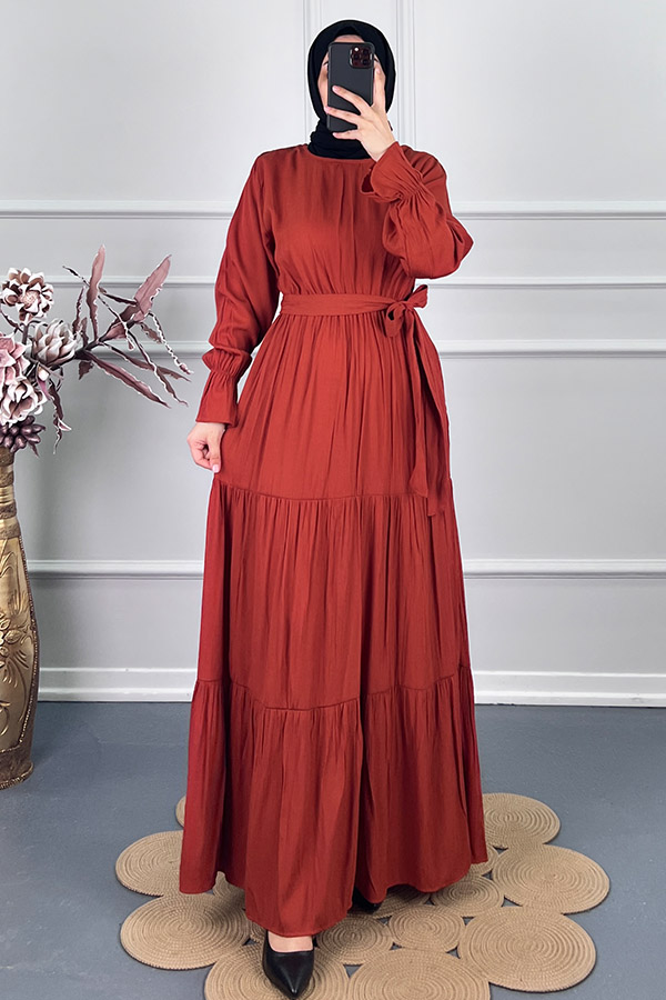 Katkat Kuşaklı Elbise - Turuncu