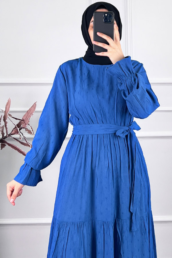 Katkat Kuşaklı Ponpon Elbise - Mavi