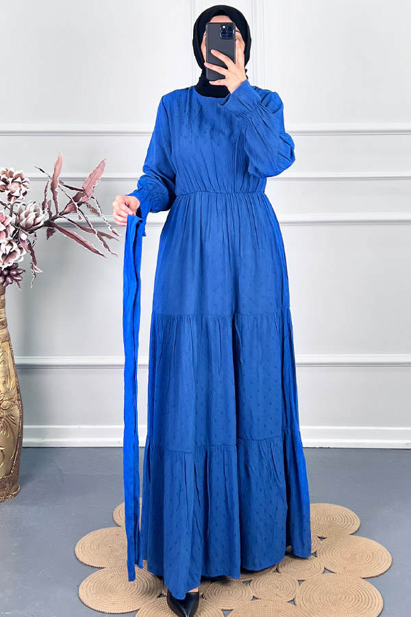 Katkat Kuşaklı Ponpon Elbise - Mavi