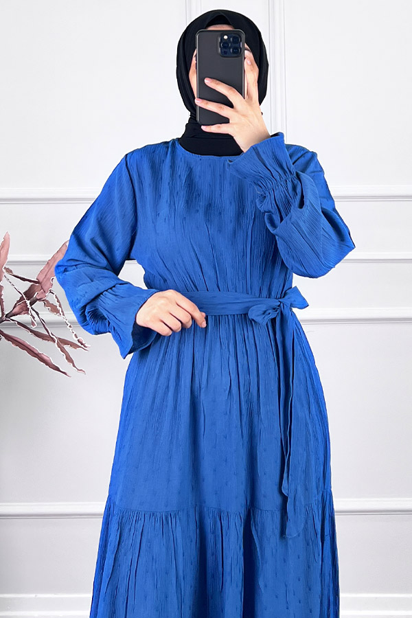 Katkat Kuşaklı Ponpon Elbise - Mavi